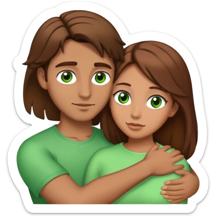 Man with brown hair and green eyes  hugs woman with brown hair and brown eyes sticker