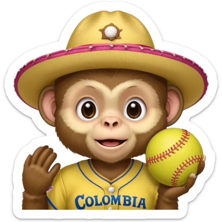 Crear una mascota que sea un mono capuchino sobre el cual predomine el color café, cara clara y expresiva, alegre, atlético, que lleve uniforme de softbol que diga Colombia, con un sombrero vueltiao' un poco inclinado que se vea personalizado con el nombre YAIFER sticker