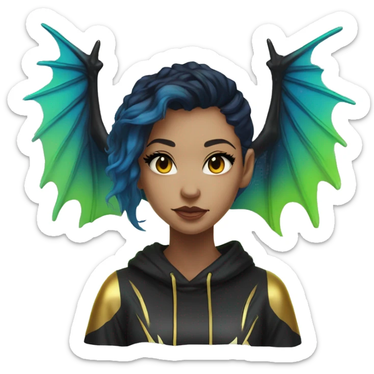 Lady with brunette and iridescent blue hair, gold, lime green dragon wings, black hoodie, bleach dyed, black and gold Nike t shirt, and bright red eyes sticker