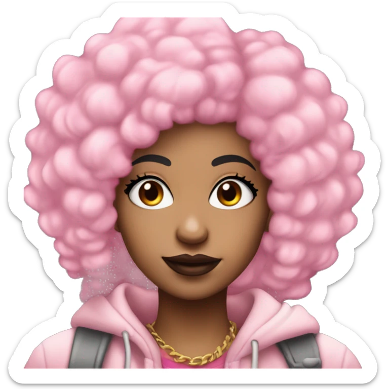 light skin girl with pink afro hair and nose pierced with black eyebrows and looks like the rapper icespice without heart on cheek and has sticker
