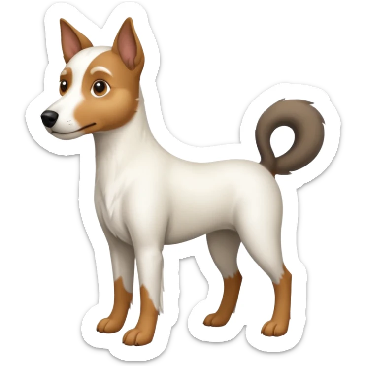 a full body large white parson russell looking dog the size of a kelpie with light brown flopped down ears and a light brown patch on one eye and a large snout sticker