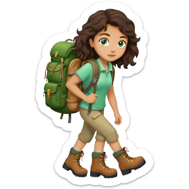 Beautiful girl with dark brown wavy hair and green eyes going on a hike sticker
