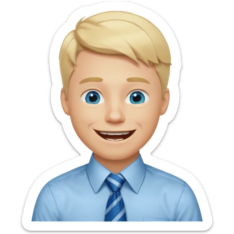 A young guy with blonde hair and blue eyes that looks masculine. make him wear a shirt with a tie. he is danish. He is laughing extremely hard. More extreme expression sticker