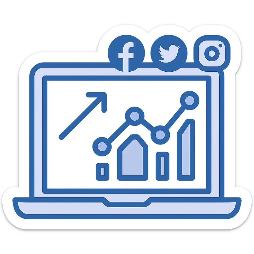 laptop with graphs and social media icons on the screen, digital marketing analytics, flat minimal style sticker