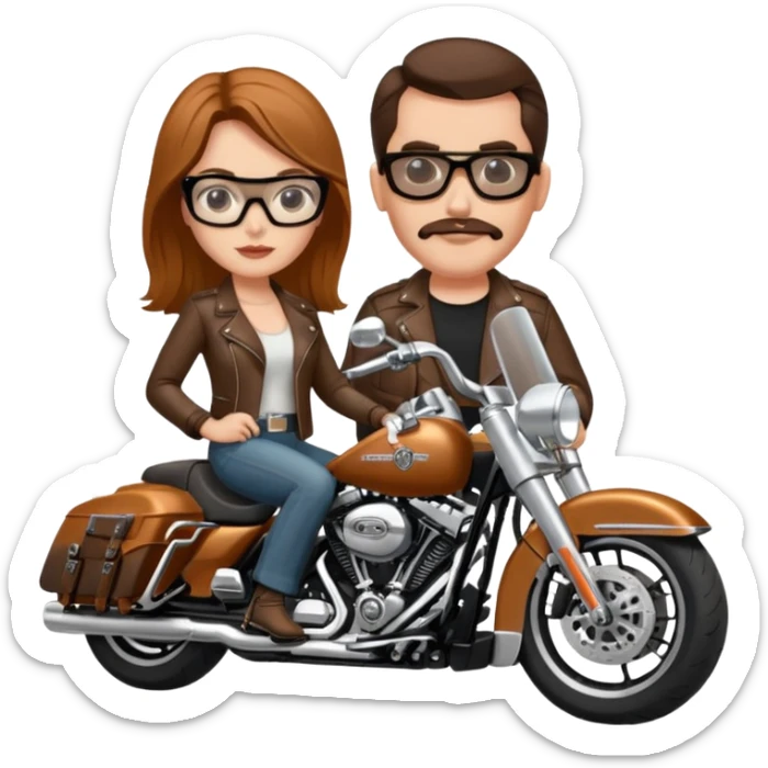Un couple de biker sur une harley road king noire, l'homme a une paire de lunettes demetz ros21, la fille a des cheveux plus dans les tons chatain sticker