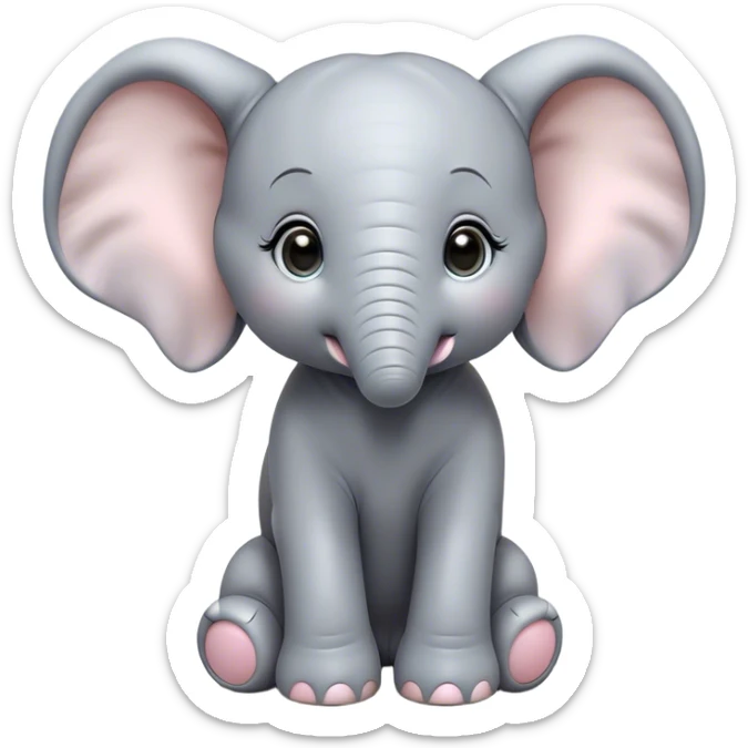 Cinematic Cute Baby Elephant Portrait Emoji, Head tilted playfully and inquisitively, featuring a velvety gray hide with oversized floppy ears and round, sparkling eyes filled with wonder, Simplified yet irresistibly adorable features, highly detailed, glowing with a warm, friendly glow, high shine, affectionate and spirited, stylized with a touch of playful charm, bright and endearing, soft glowing outline, capturing the essence of a mischievous yet loving baby elephant, so playful it feels like it could trundle out of the screen into your arms! sticker