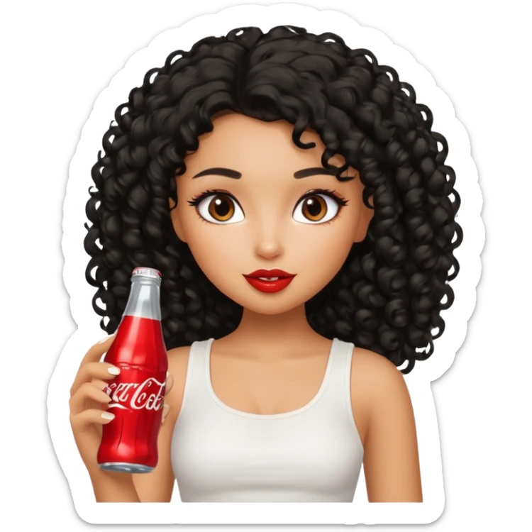 a pretty tan bratz girl with black curly hair drinking coca cola. minimal makeup. white top sticker