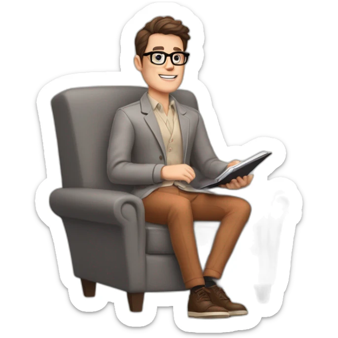 Pale skinned Fit Man With dark brown hair in gray jacket, beige office shirt, Terracotta pants and vintage glasses sitting In a soft chair with a notebook with emblem Ψ and a pen in his hands sticker