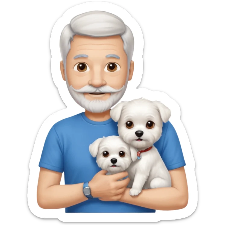 handsome gentleman, 60 years old, short silver hair, beard and moustache, wearing a blue t-shirt, smiling and holding a maltese dog sticker