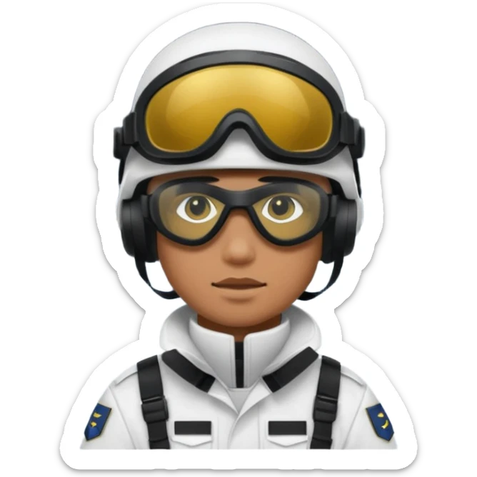 A brutal Finnish modern soldier in a white snow uniform. with black night vision goggles sticker