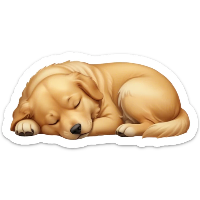Cinematic Meme-Worthy Chubby Sleeping Golden Retriever Portrait Emoji, Head resting peacefully with a contented smile, showcasing a delightfully chubby build and a luxuriously soft golden coat, eyes shut in a serene nap, Simplified yet hilariously adorable features, highly detailed, glowing with a soft, drowsy light, high shine, relaxed and utterly lovable, stylized with an air of playful laziness, bright and heartwarming, soft glowing outline, capturing the essence of a comically sleepy companion, so meme-worthy it feels like it could instantly become the next viral sensation of adorable slumber! sticker