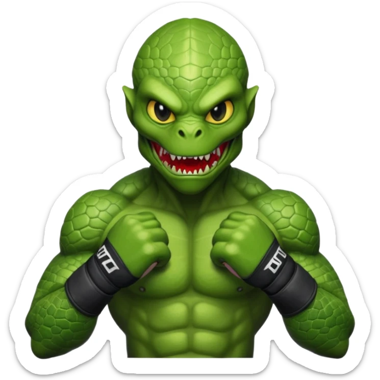 reptilian alien MMA fighter portrait, head and shoulders only, scaled skin, sharp teeth, fighter gloves, battle-ready expression, 3D cartoon, mobile game icon style, clean background, no text, no watermark
 sticker