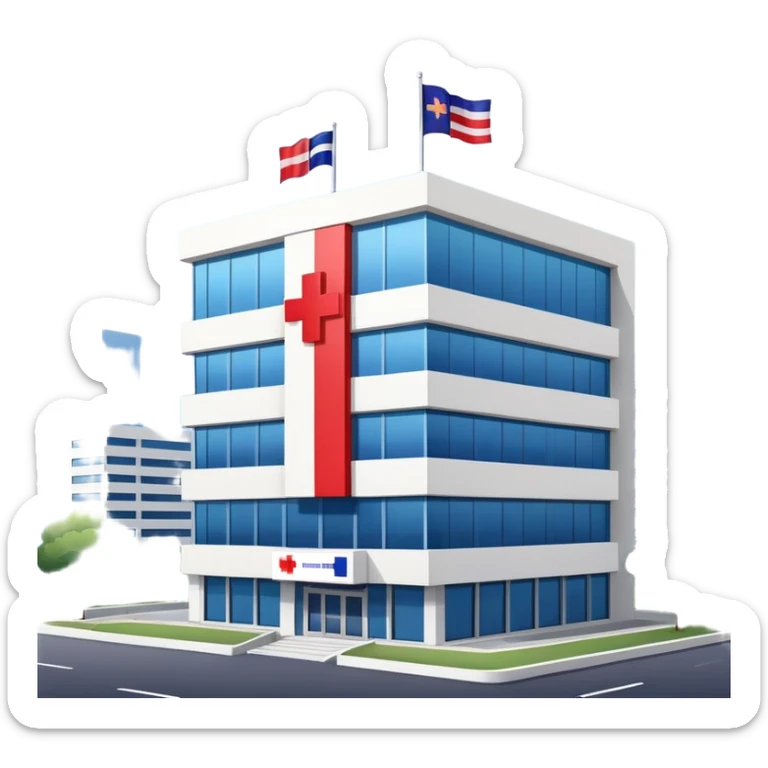 Hospital building with Thai flag waving, red cross medical symbol, Thailand flag with red white blue stripes sticker