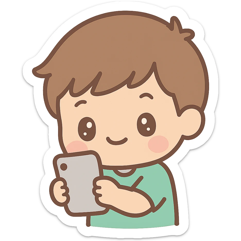 a tan boy with light brown hair holding a phone, kawaii cartoon style sticker