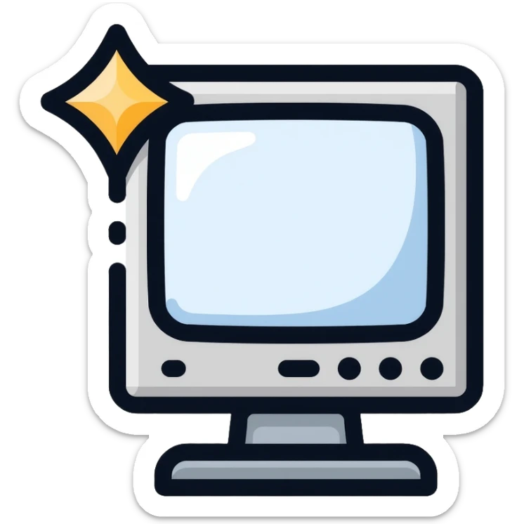 Minimalist CRT monitor with a simple 4-pointed star in the corner, very few details, clean lines sticker