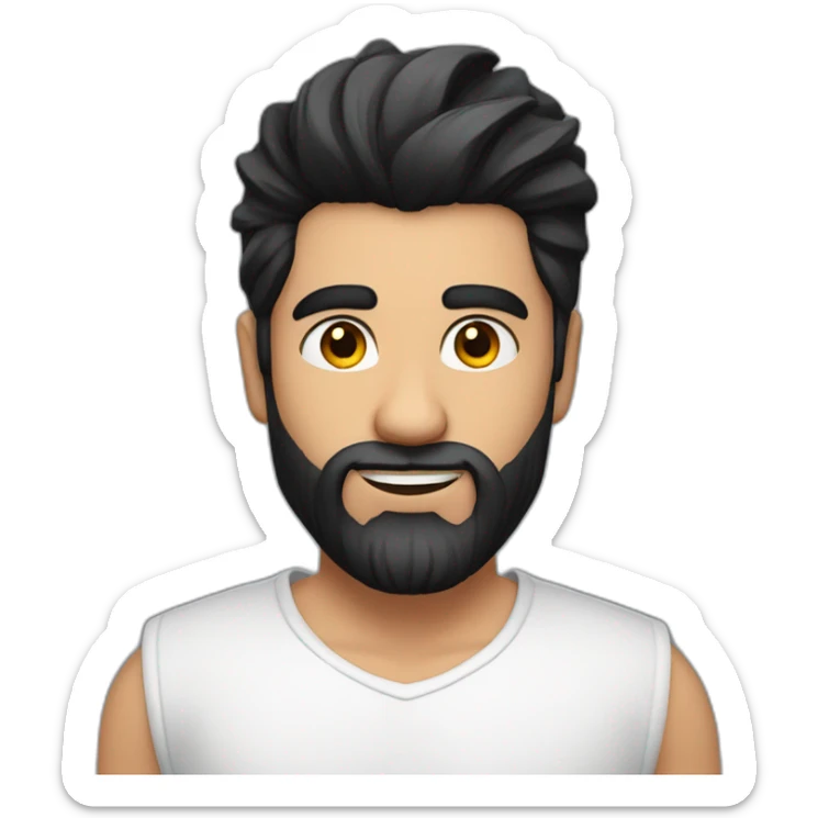 close up of white skin indian in plain white shirt with sleeve up and quiff black hair style and beard sticker