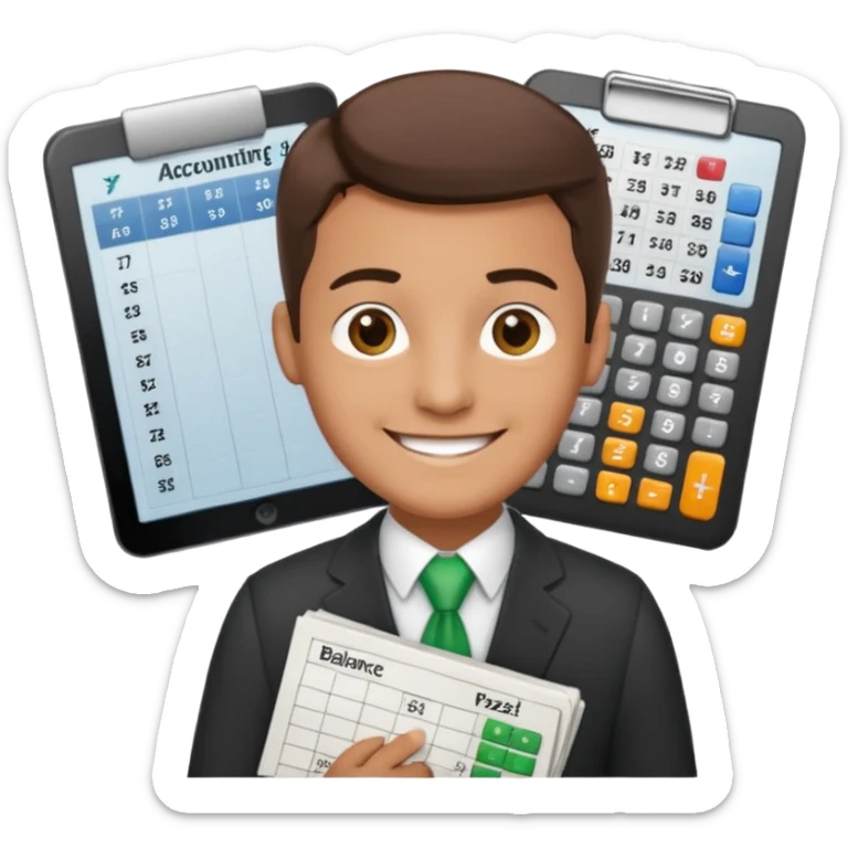 emoji, of a male AUDITOR smiling with Finance spreadsheet , a calculator,plus ADD A puzzle and a Balance for accounting. sticker