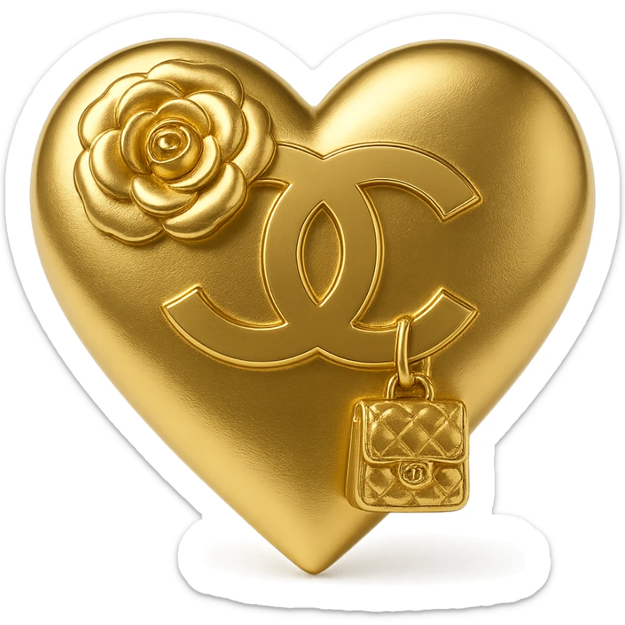 Chanel heart in metallic gold style with a camellia flower and a small handbag, Chanel fashion sticker