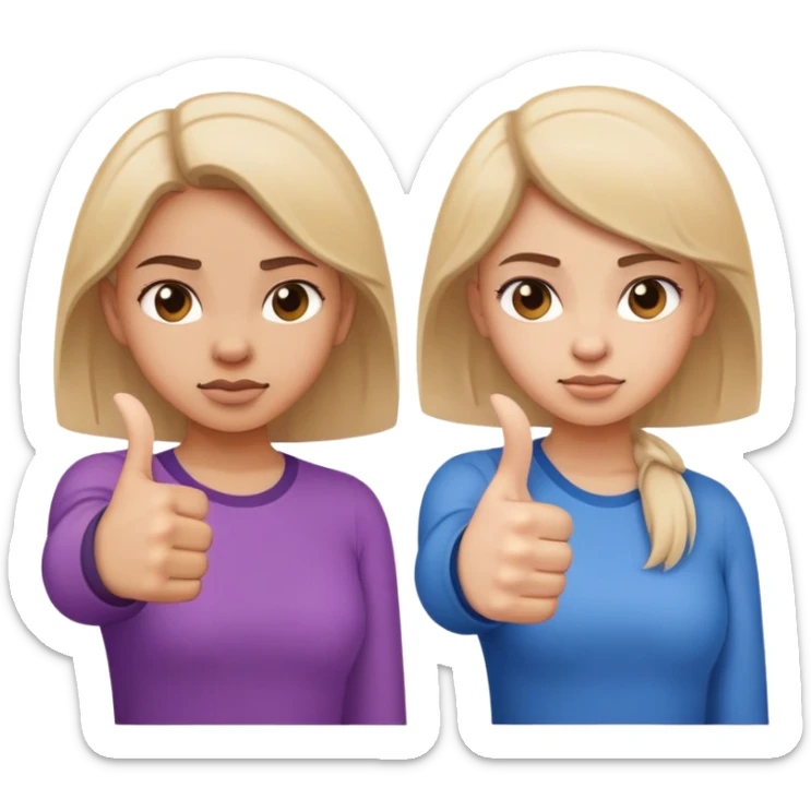 Girl showing conflicting opinions with one hand giving definite thumbs up and other hand giving definite thumbs down, uncertain facial expression sticker
