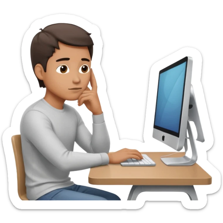emoji of a man sitting at the table with an imac on it, a man is sitting in a very thoughtful pose, he has his hands on the table and his head resting on themб he look into the screen of imac sticker
