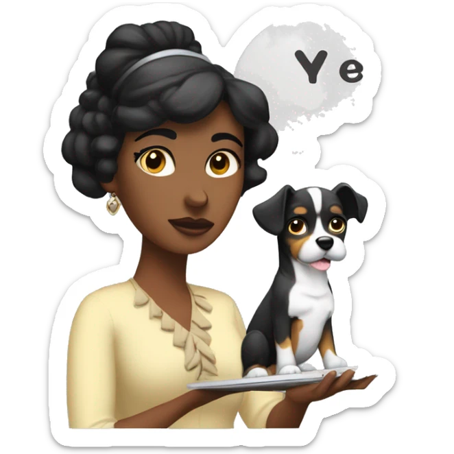 A woman with thick eyebrows and black hair, wearing a dog hairband, has a MacBook placed in front of her. Inside the speech bubble she is thinking about is a palette and brush. sticker