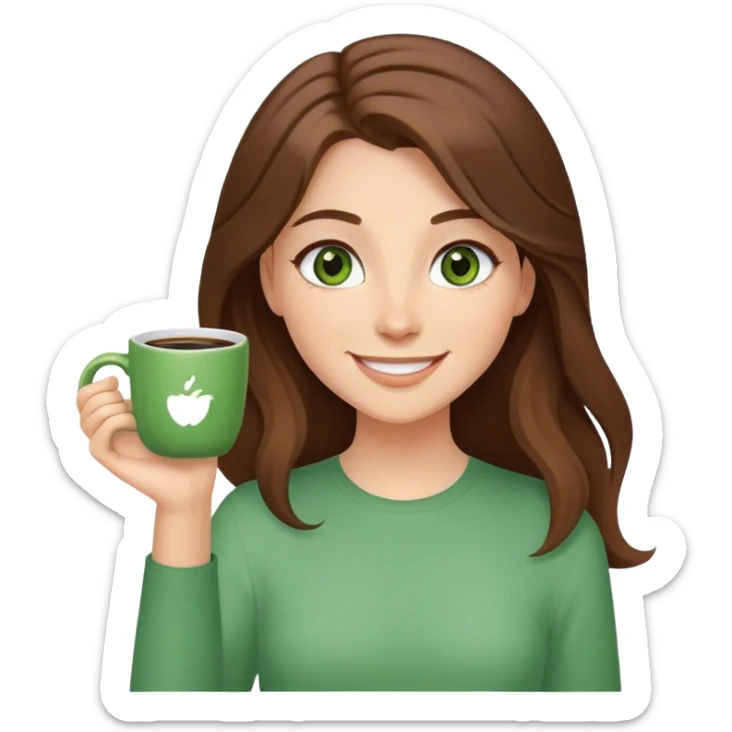 Long, Brown haired girl with middle hair part, with green eyes, smiling, waving with one hand, coffee mug in the other sticker