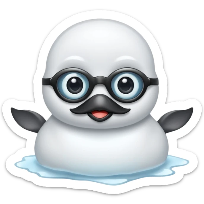 Esta es una imagen de una cría de foca arpa (conocida como whitecoat) descansando sobre el hielo.Es prácticamente una esfera perfecta de pelaje blanco y esponjoso.Tiene ojos oscuros, una nariz negra pequeña y bigotes largos que resaltan sobre su cara clara sticker