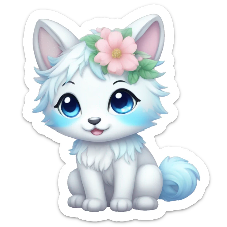 Anthro Cute Cool Blushing Pastel Innocent Shy Kawaii gorgeous sparkly ethereal fantasy animal creature with blue eyes furry sona with flowers and ribbons beautiful aesthetic sticker