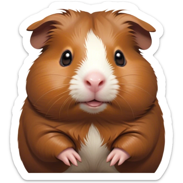 Cinematic Cute Brown Guinea Pig Portrait Emoji, Head tilted playfully and inquisitively, showcasing a velvety brown coat with a natural sheen, round, sparkling dark eyes filled with curiosity, Simplified yet irresistibly adorable features, highly detailed, glowing with a warm, friendly glow, high shine, affectionate and lively, stylized with a touch of whimsy, bright and endearing, soft glowing outline, capturing the essence of a mischievous yet loving guinea pig, so playful it feels like it could nuzzle out of the screen into your arms! sticker