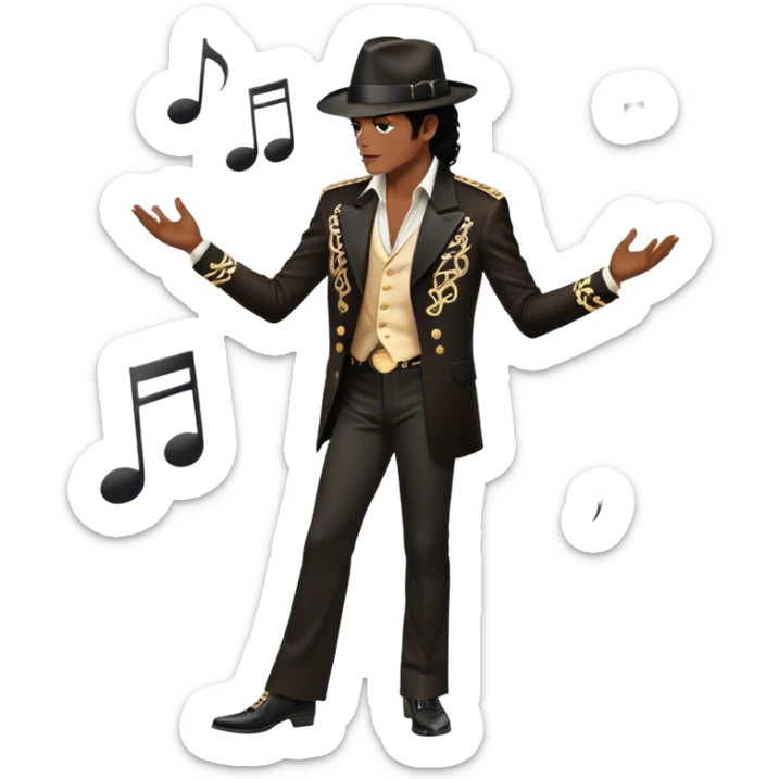 Icon for R&B Music: Michael Jackson in his iconic pose at the end of a song, head tilted, holding his black fedora with one hand. He stands in profile, embodying the smooth and soulful energy of R&B. Musical notes surround him. Transparent background. sticker
