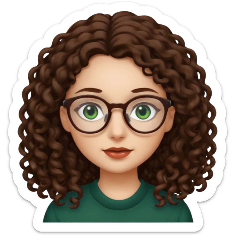 rapariga, olhos verdes escuros, cabelos compridos aos caracóis, com óculos sticker