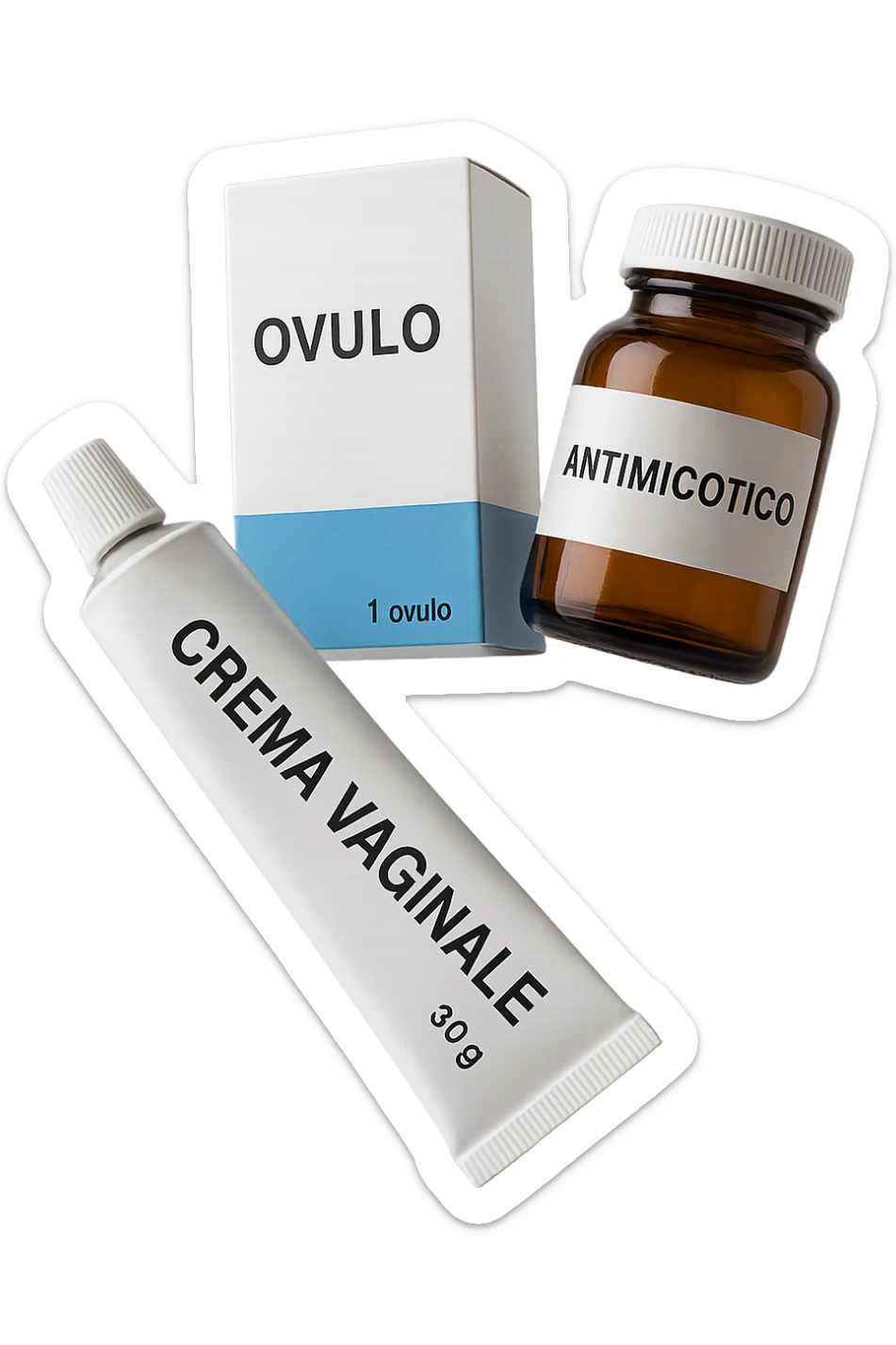 un tubetto di crema con la scritta "crema va**ale", una scatola con farmaco con la scritta "ovulo", un barattolo di farmaco con la scritta "antimicotico" in italiano sulle etichette, fluttuano in aria, IPERREALISTICO 4K sticker