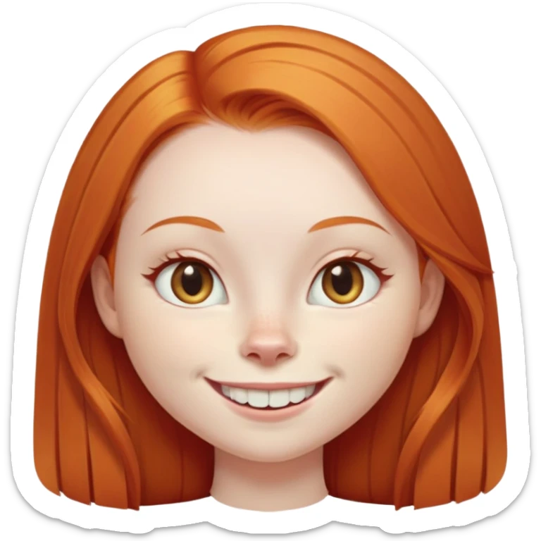traditional emoji of young girl with very pale skin, long straight bright ginger red hair, cat-like almond-shaped eyes that are angled upward, wide flat nose, big smile with very large prominent teeth showing, classic round face sticker
