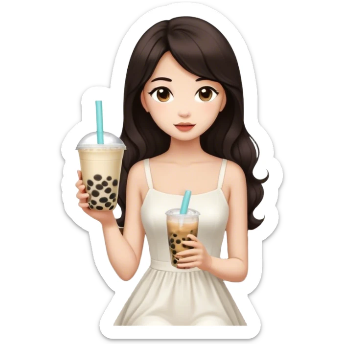 Beautiful woman in 1965’s woman fashion look, white dress, long dark brown hair, bubble tea sticker