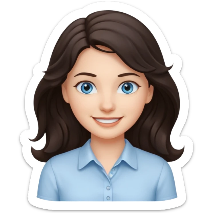 A White girl with wavy and dark hair, light blue eyes and a white shirt smiling sticker