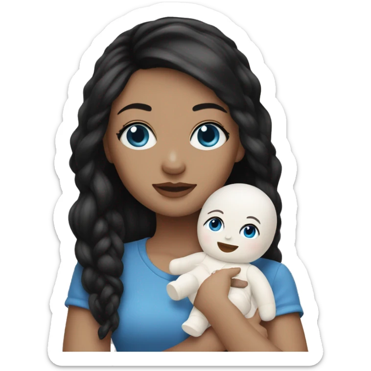 white girl with black hair and blue eyes playing with baby doll sticker