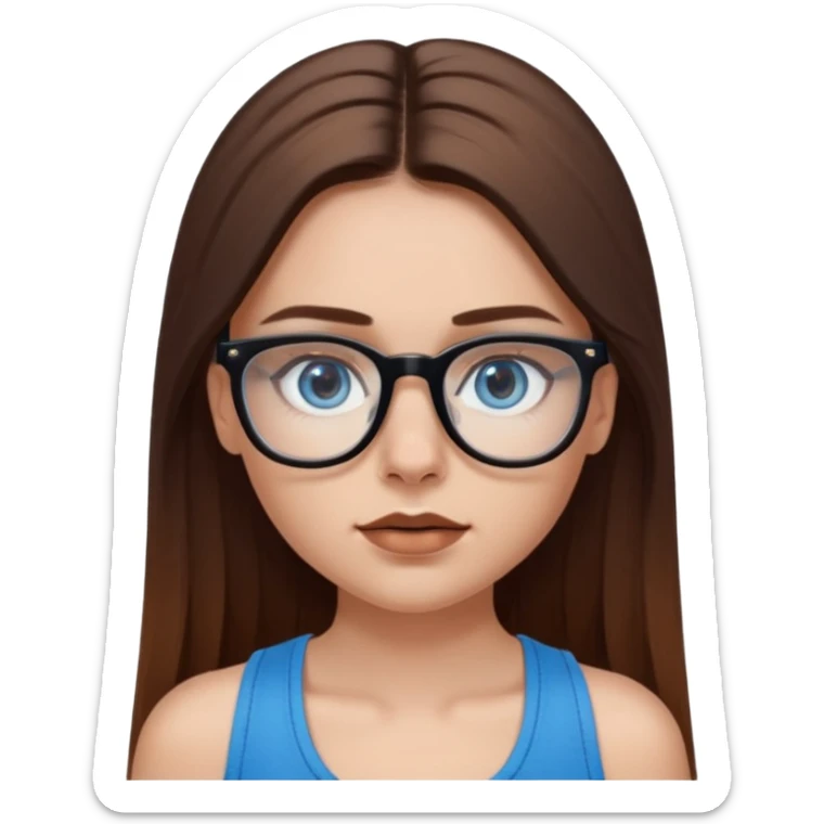 White girl with long straight brown hair and blue eyes wearing plastic frame glasses that go from black to clear ombré from top to bottom. Stud nose piercing on right side of nose and a septum piercing (the ring on bottom of nose). Wearing black tank top. sticker