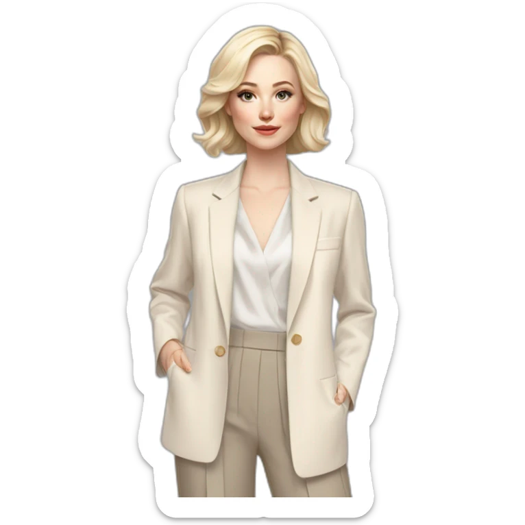 pale skin woman with ash blonde Straightened bob Hair, White Spacious classical jacket, beige palazzo Arrow pants and gray blouse holding a color palettes in the hands sticker