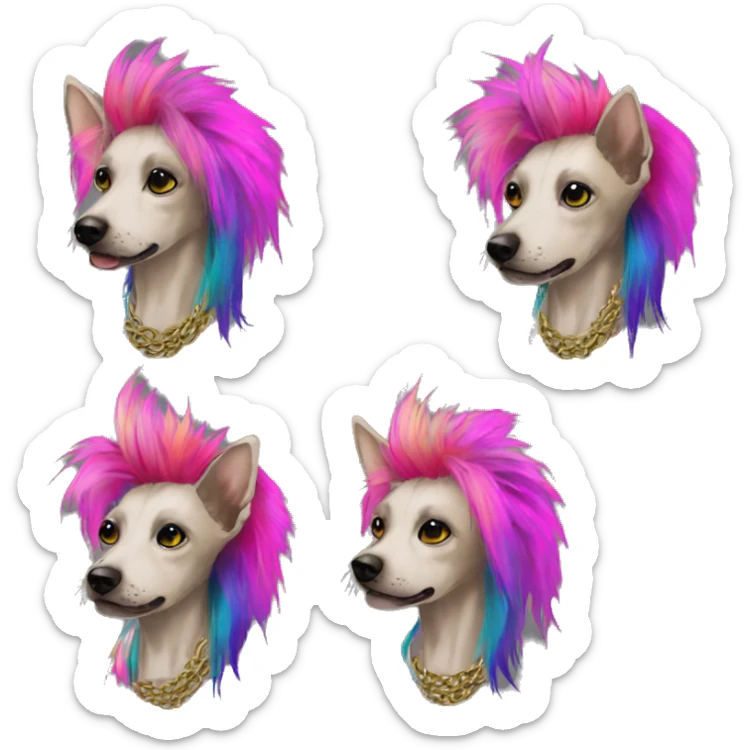 Punk Chinese crested dog neon rainbow hair gold chain punk piercings tattoos punk ear piercings sticker