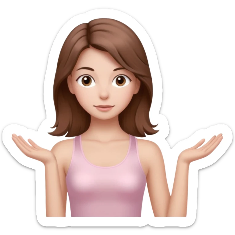 brown hair girl wearing light pink pilates clothes, silk beautiful medium hair and brown eyes sticker