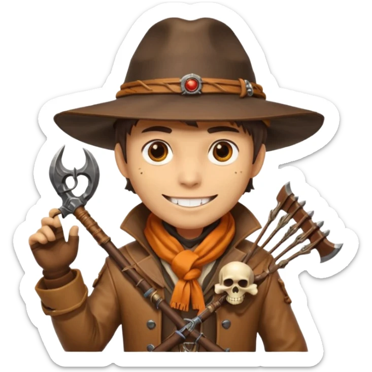 male human monster hunter emoji, wearing brown leather coat and wide hat, holding crossbow, with amulet shaped like skull, Halloween fantasy theme, confident smile, orange scarf, Apple emoji style, clean white background, square image sticker