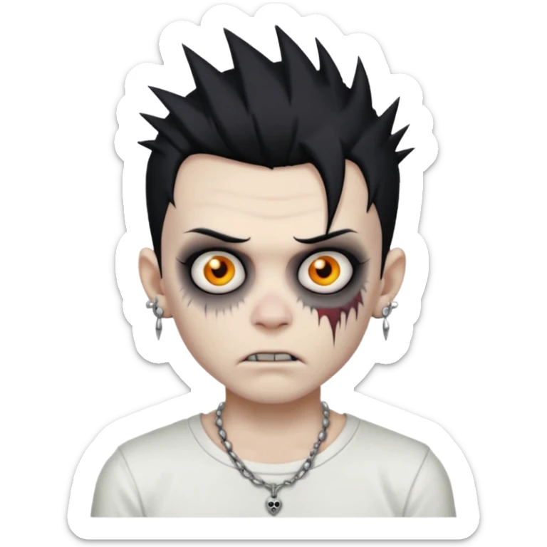zombie boy with spiky emo black hair and white shirt , tattos, a risk on the eyebrow, earings,  a necklace emoji  sticker