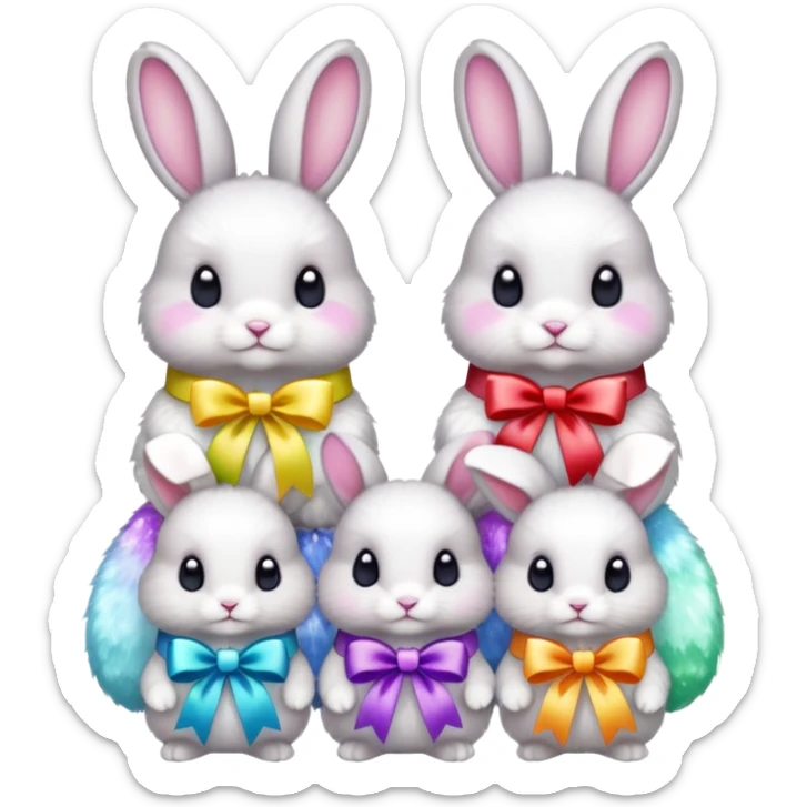 family of baby bunnies in line with ribbons holding crystals sticker