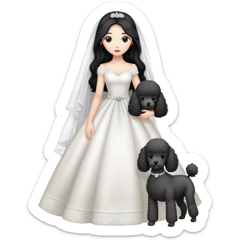 A beautiful girl with long black hair in a wedding dress holds a small gray poodle sticker