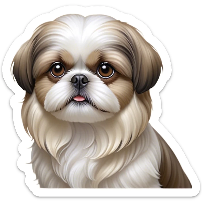 Cinematic Noble Shih Tzu Portrait Emoji, Poised and elegant, with a luxurious, flowing fur in refined muted tones, delicate features and wise, gentle eyes, simplified yet meticulously detailed, glowing with a soft, regal radiance, high shine, exuding quiet dignity and timeless charm, soft glowing outline, capturing the essence of a noble Shih Tzu that epitomizes refined poise! sticker