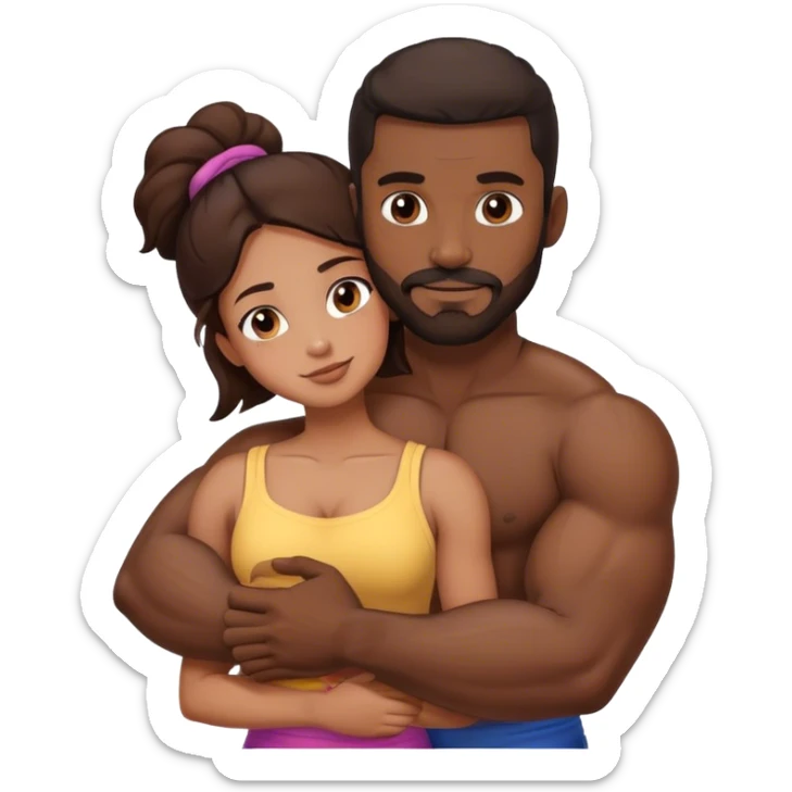 Black man with facial hair and muscles hug small brunette woman sticker