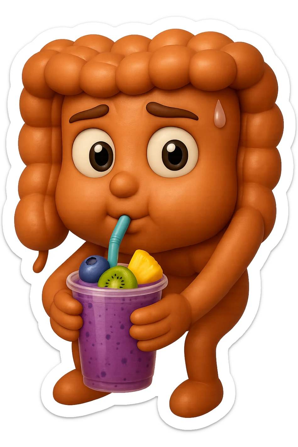 EMOJI STILE IPHONE DI un intestino umano anatomico che beve un frullato di mirtilli, ananas, kiwi, fagli anche la parte bianca degli occhi, non solo le pupille, REALISTICo 4K sticker