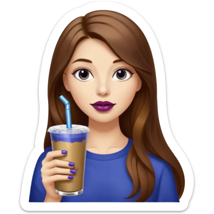 girl with long brown hair, wine lipstick, gold nail polish, drinking a blueberry butter pecan iced coffee with a metallic straw  sticker