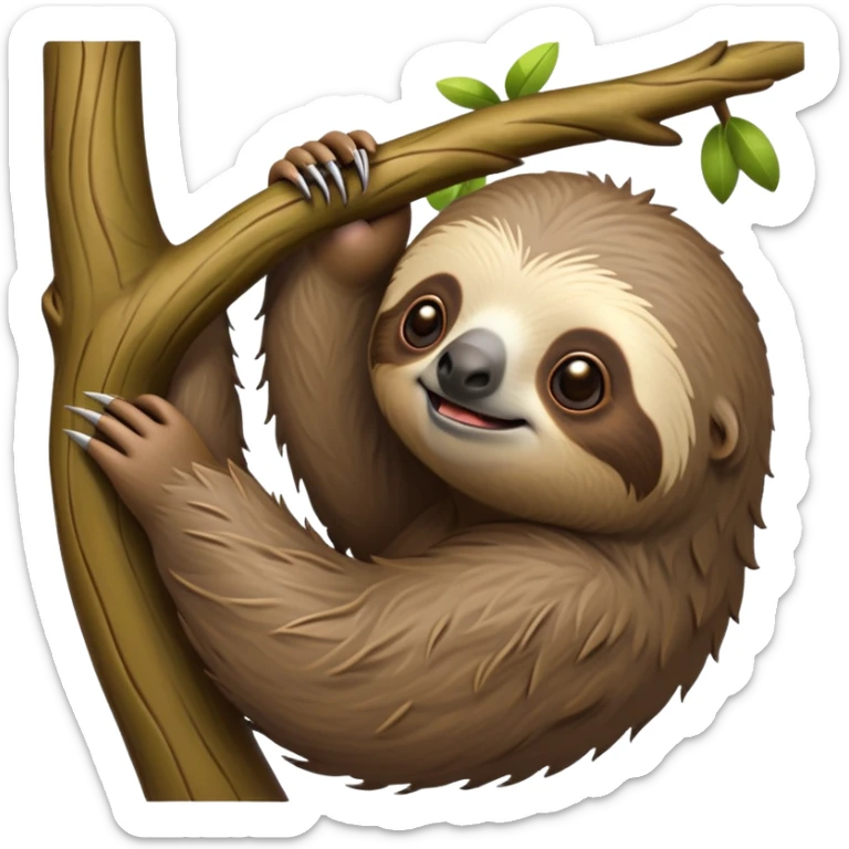 cinematic-sloth-realistic-full-body-hanging-emoji,-long-curved-claws-clinging-to-a-tree,-thick-shaggy-brown-fur-slightly-ruffled,-head-tilted-dramatically,-slow-blinking-eyes-filled-with-serene-wisdom,-simplified-yet-realistic-focused-features,-highly-detailed,-glowing-with-an-almost-sarcastic-glow sticker