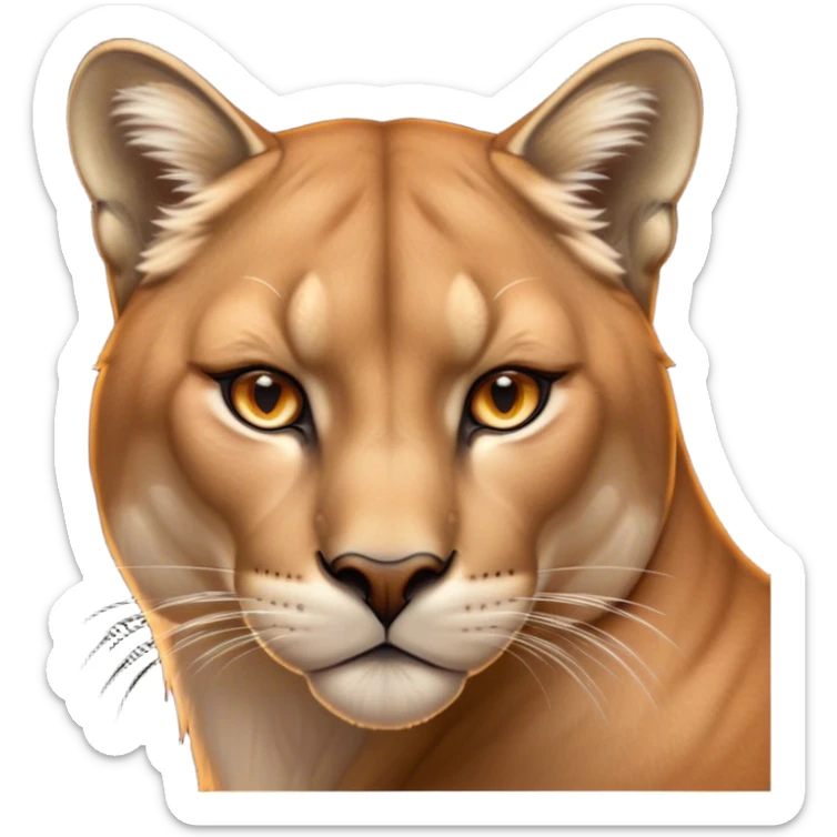 Cinematic Noble Cougar Portrait Emoji, Poised and regal, with a lithe, muscular build and a sleek, tawny Fur with subtle dark accents, deep-set soulful amber eyes, Simplified yet sharp and sophisticated features, highly detailed, glowing with a warm, dignified glow, high shine, intelligent and stealthy, stylized with an air of wild elegance, focused and attentive, soft glowing outline, capturing the essence of a watchful and confident predator, so majestic it feels as though it could silently pounce out of the screen with effortless authority! sticker
